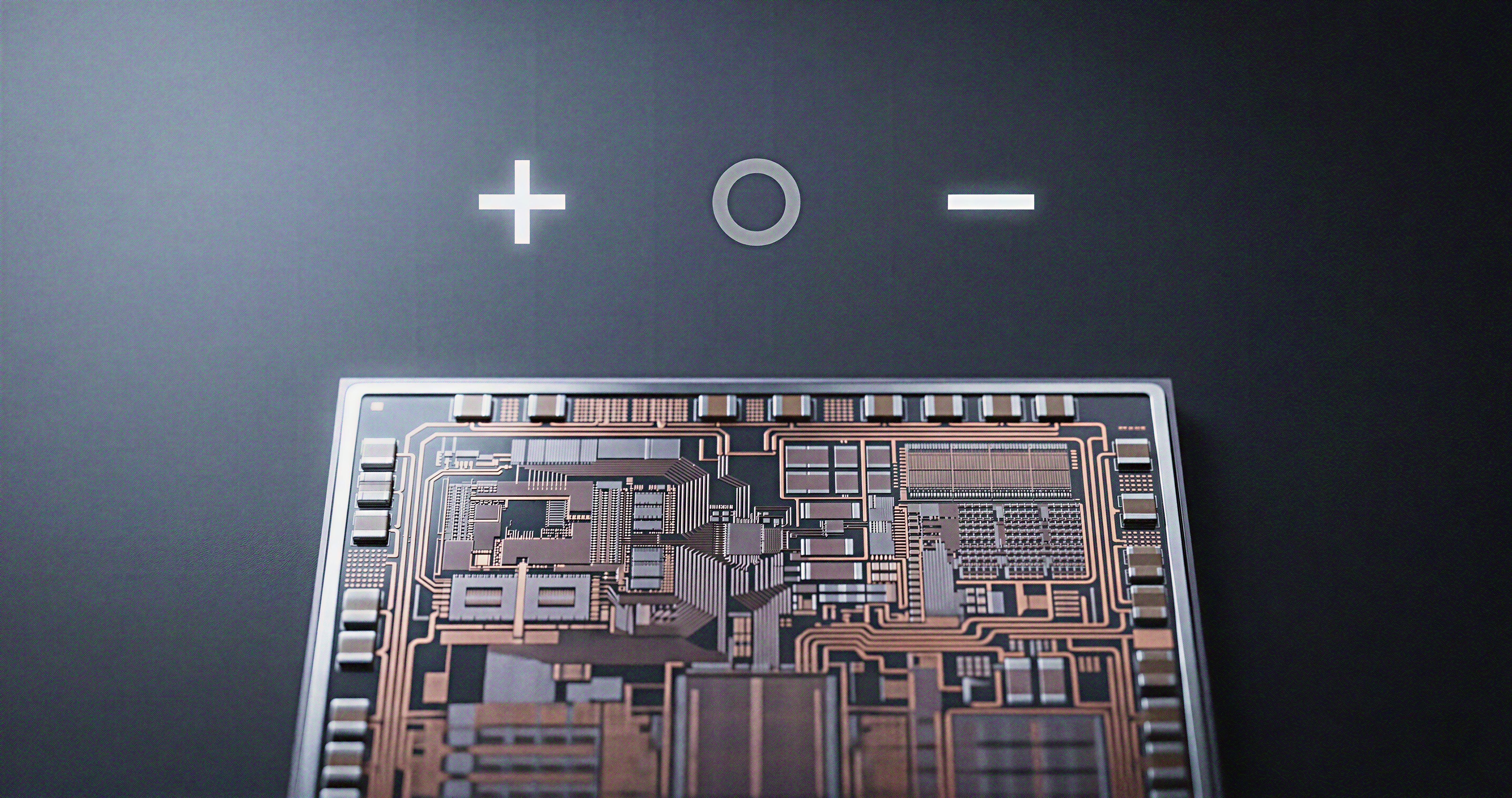 Macro render of a silicon chip die with three floating geometric markers (plus, circle, minus) representing the ternary values that replace floating-point weights in BitNet