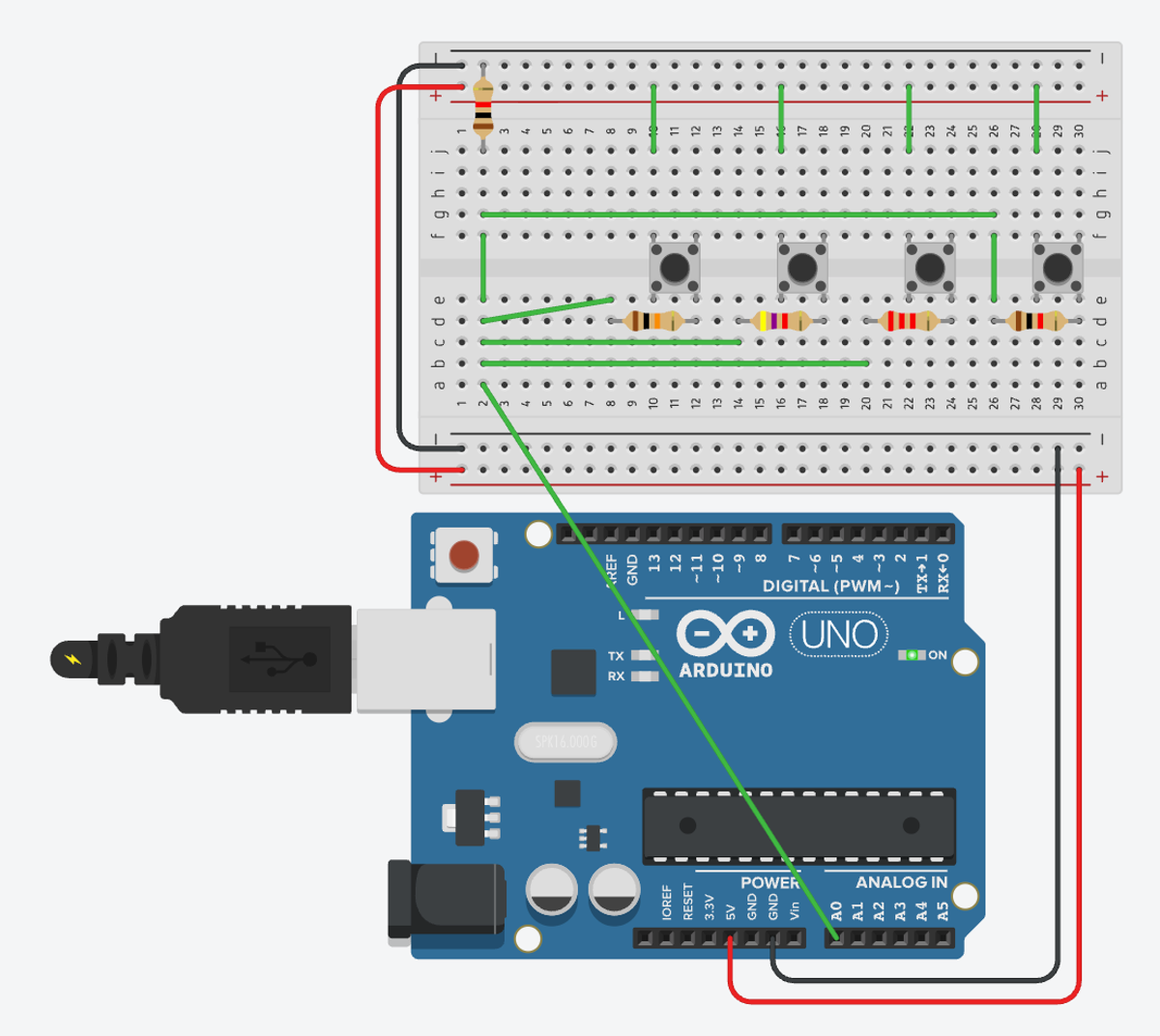 Breadboard schematic showing four push buttons in parallel, each connected through a different resistor to a single analog input on an Arduino Uno
