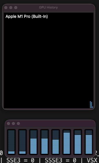 Activity Monitor GPU History window flat and empty during BitNet inference, confirming zero GPU involvement