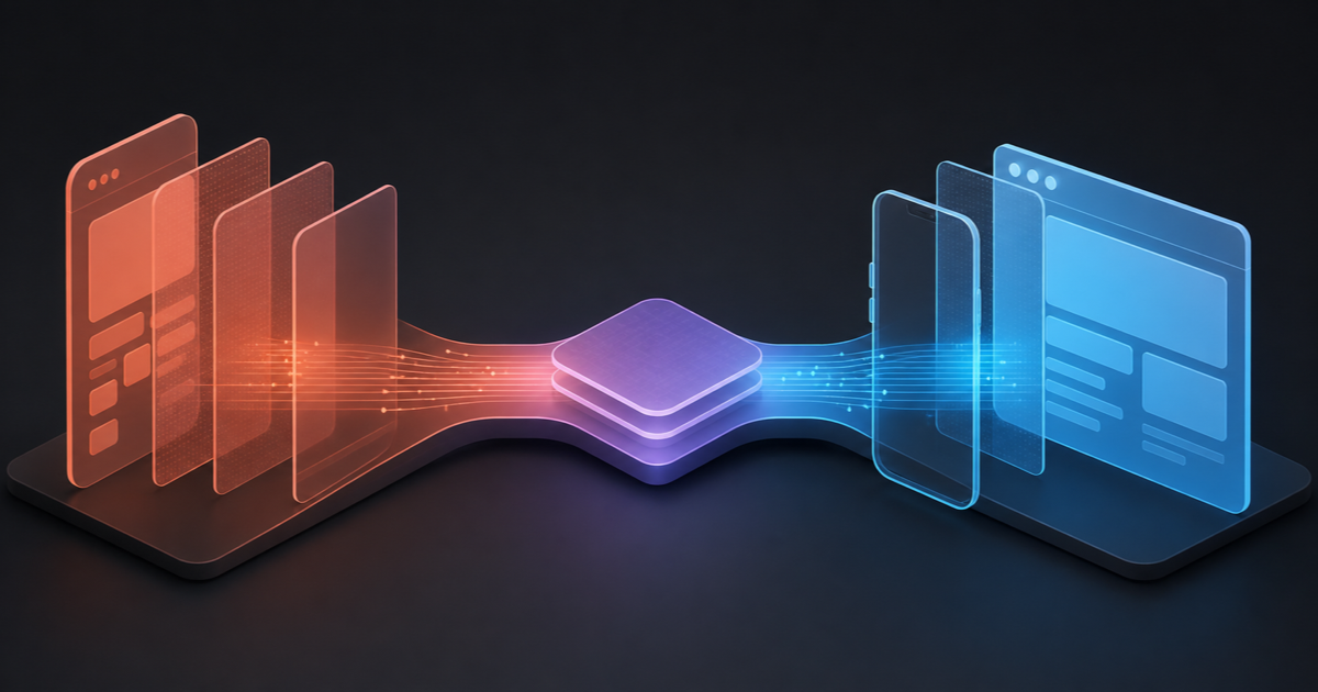 Native mobile interface layers and web panels meet across a shared cross-platform bridge.